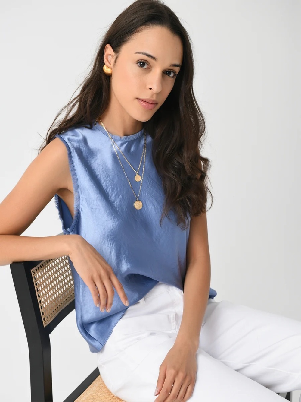 Vince Satin Sleeveless Blouse Blue XS Naia Acetate Luxury Top